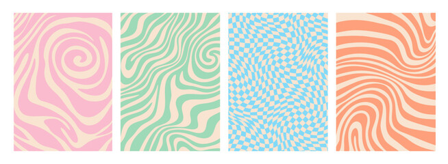 Aufkleber - Psychedelic groovy hippie patterns with wavy lines and optical illusion shapes. Abstract vector backgrounds in retro 60s and 70s style. Swirl texture in pastel colors for nostalgic and funky vibe