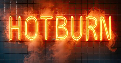 Aufkleber - Bright neon sign spells HOTBURN. Fiery glow emanates from lettering, smoke swirls around tiles. Dramatic lighting creates intense visual impact.