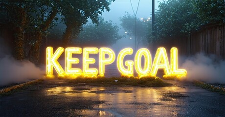 Poster - Bright glowing text spells KEEP GOAL on wet asphalt. Fog obscures background, creating dramatic mood. Streetlights visible.