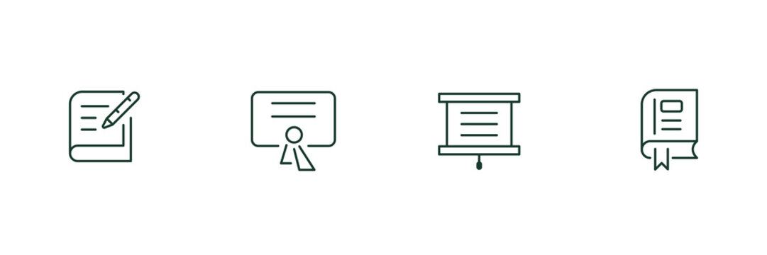 icon book,certificate,whiteboard,4 type set collections, simple design.Vector illustration