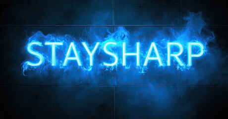 Aufkleber - Bright neon sign displays STAYSHARP. Dark background features subtle tile pattern, smoke effects enhance glowing text.