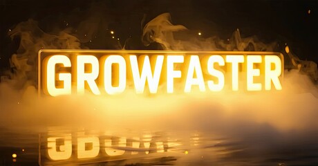 Poster - Bright text reads GROWFASTER over smoky gold background. Reflection visible below lettering, creating dynamic visual effect.