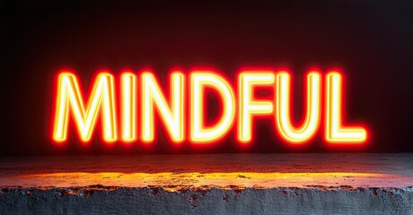 Fototapete - Bright neon sign spells MINDFUL. Dark background contrasts with glowing orange lettering. Concrete surface below text. Simple, bold design.