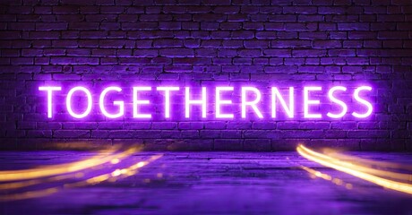 Poster - Purple brick wall background. Bright neon sign displays TOGETHERNESS. Light streaks radiate from bottom center. Dramatic, modern aesthetic.