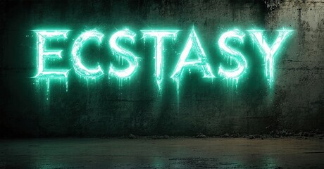 Fototapete - Neon sign spells ecstasy. Dark background features textured wall, floor. Dripping effect adds dramatic visual element. Intense glow dominates scene.