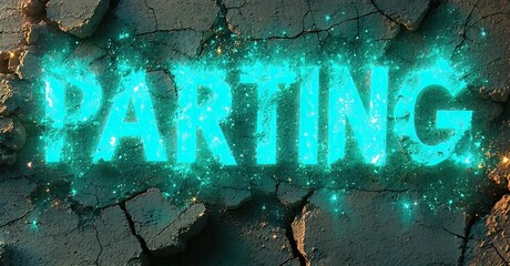 Aufkleber - Glowing text PARTING emerges from cracked stone surface. Dramatic lighting, dark background creates intense visual impact.