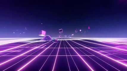 Poster - Neon Grid Landscape: Floating Cubes and Synthwave Scenery