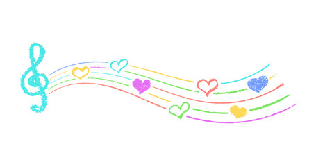 Poster - Musical key with crayon lines and hearts. Fun hand-drawn charcoal signs with stamp texture, music underline, and hearts in vibrant kindergarten color scheme. Colorful vector card illustration