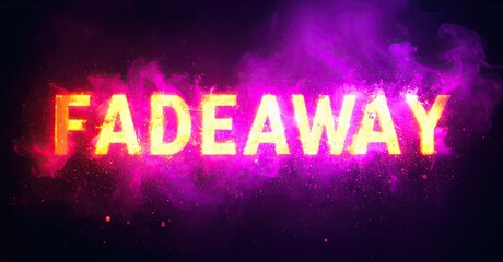 Leinwandbilder - Bright text spells Fadeaway against dark background. Purple, yellow hues create dramatic effect. Smoke adds texture, depth.