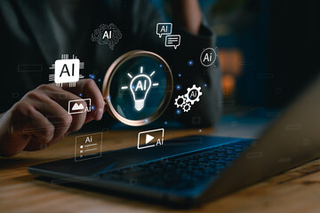 Aufkleber - AI research and technology selection concept. Magnifying glass focusing on artificial intelligence icons, ideal for digital transformation, AI development, smart technology strategy content.