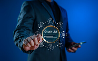 Poster - Checklist concept for business and quality control. Businessman with digital checklist interface, ideal for presentations on workflow optimization, task management, quality assurance.