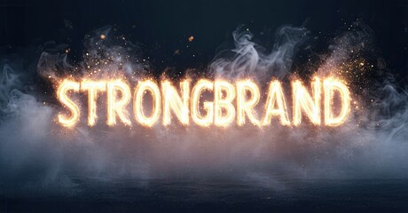 Aufkleber - Glowing text spells STRONG BRAND over smoky blue background. Dramatic lighting creates intense visual impact. Bold typography dominates scene.