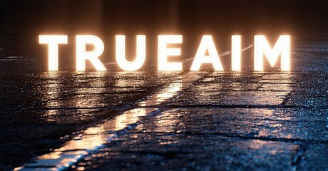 Aufkleber - Illuminated lettering spells TRUEAIM upon wet asphalt. Dramatic lighting creates strong contrast, emphasizing message. Night scene.
