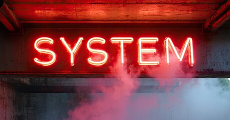 Poster - Bright red neon sign spells SYSTEM. Smoke drifts below, creating dramatic, moody atmosphere. Concrete structure surrounds glowing text.