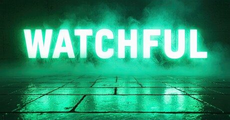 Aufkleber - Bright word WATCHFUL illuminated above wet tiled floor. Dramatic lighting creates mysterious atmosphere. Fog adds depth.