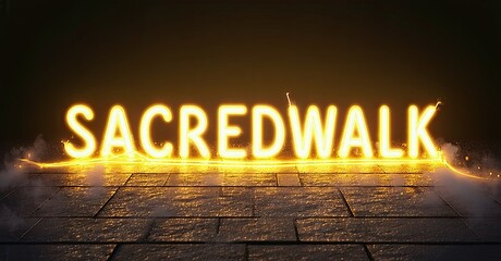 Poster - Bright neon sign spells SACREDWALK over stone pavement. Dramatic lighting creates intense glow, dark background emphasizes text.