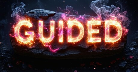 Aufkleber - Glowing text GUIDED rests upon dark rock. Smoke surrounds fiery letters, creating dramatic visual effect. Intense colors dominate composition.