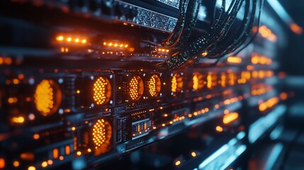Aufkleber - Server Rack Close Up with Orange Lights and Cables Data Center Technology Equipment