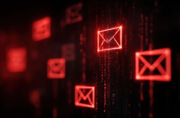 Red email symbols in digital matrix concept
