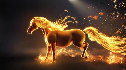 Aufkleber - Majestic Glowing Horse with Fiery Mane and Tail Gallops Through Flames Against Dark Background, Creating Dynamic Scene Filled with Sparks and Intense Magical Atmosphere