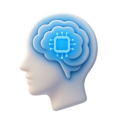 Poster - Digital Mind: A stylized image shows a human head in profile, with the brain replaced by layered, light blue formations. A central chip highlights technological integration.