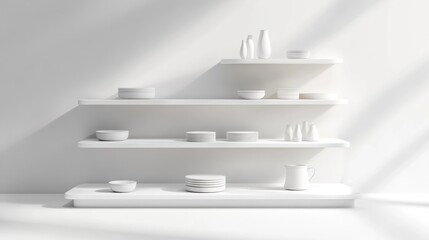 Fototapete - Minimalist 3D market shelf setup, clean white display rack isolated with blank shelving, perfect for advertising templates