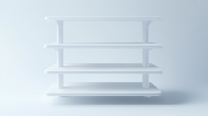 Fototapete - Minimalist 3D market shelf setup, clean white display rack isolated with blank shelving, perfect for advertising templates
