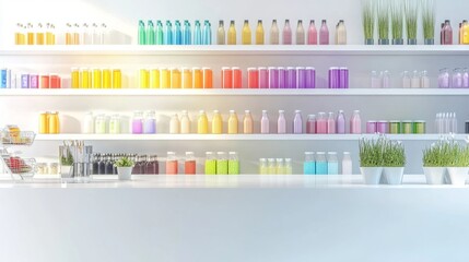 Fototapete - Modern empty supermarket shelf units in a white seamless 3D rendering background, clean and professional product display