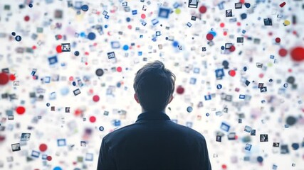 Poster - Silhouette of a man looking up at floating images, concept for media overload