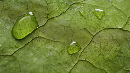 Poster - Macro shot of dewdrop on green leaf surface with textured veins, natural freshness and calm mood