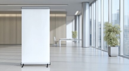 Poster - White roll up banner standing in bright modern office lobby providing copy space for advertisement