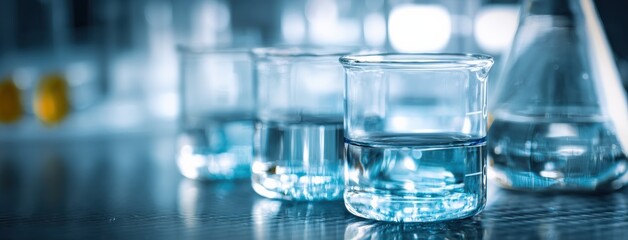 Aufkleber - Beakers and flasks containing blue chemical liquid on a laboratory table performing a scientific experiment