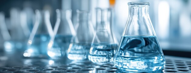 Aufkleber - Erlenmeyer flasks containing blue liquid stand on a metal support in a laboratory, suggesting scientific research or experiment