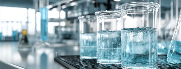 Aufkleber - Beakers with bubbling blue liquid sit on a metal rack inside a modern laboratory, showcasing scientific research and experimentation