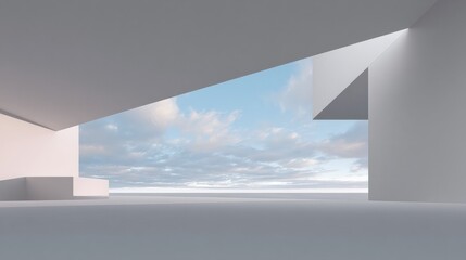 Poster - Open space with white walls and ceiling opening on a cloudy sky background in a minimalist architectural style