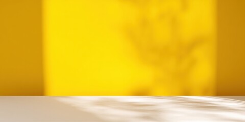 Aufkleber - Empty white table with yellow wall and window shadow creating an abstract background, ideal for showcasing products