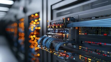 Poster - A close-up view of a server rack in a modern data center, with network cables and LED lights indicating active connections.