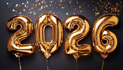 Poster - happy new year 2026 with gold ballons on dark background