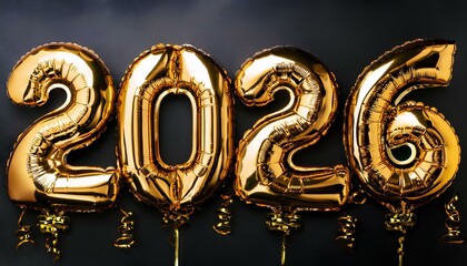 Poster - happy new year 2026 with gold ballons on dark background
