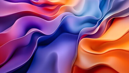 Fototapete - 3D render, abstract background with colorful waves and soft shapes in blue, purple, and orange colors.