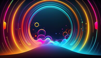 Leinwandbilder - abstract colorful neon circles with smoke on dark black background 