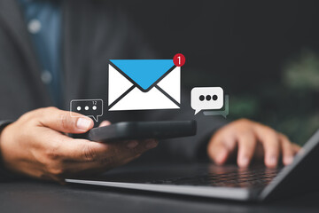 Leinwandbilder - Businessman reading electronic mail, Email marketing and newsletter concept, Digital communication with email messages, Sending and receiving messages online with the email icon, notifications