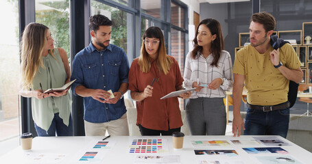 Aufkleber - Business people, cooperation and tablet with planning, creative project and brainstorming with app. Internet, employees and graphic designers in workplace, feedback and tech with color for proposal