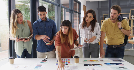Aufkleber - Business people, teamwork and tablet with brainstorming, creative project and color palette with app. Group, employees or graphic designers in office, cooperation and tech with proposal or discussion