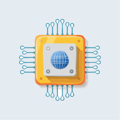 Poster - A vibrant vector illustration of a computer chip with a globe icon at the center, showcasing modern digital technology and global connectivity.