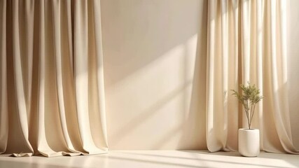 Poster - Elegant interior with beige curtains framing a light cream wall, creating a minimalist stage with a small potted plant on a bright stage.