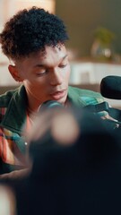 Poster - Influencer, virtual reality and man with review recording for feedback, opinion and tech podcast in home. Content creator, social media and person with vr goggles for gaming, guide and live streaming