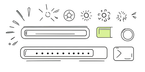 Poster - Hand drawn loading bars with progress indicators and sun doodle elements in minimalist black line sketch style vector illustration set for interface design concepts