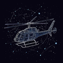 Poster - Futuristic wireframe helicopter with polygonal design flying in starry space background with constellation patterns and glowing blue stars