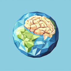 Poster - Low poly globe with human brain overlay symbolizing global intelligence, cognitive world concepts, and earth mind connection in minimalist style